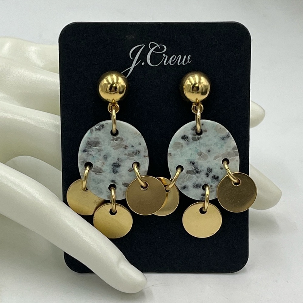 J. Crew Drop Stone Marble & Brushed Gold Disc Dangle Statement Earrings New